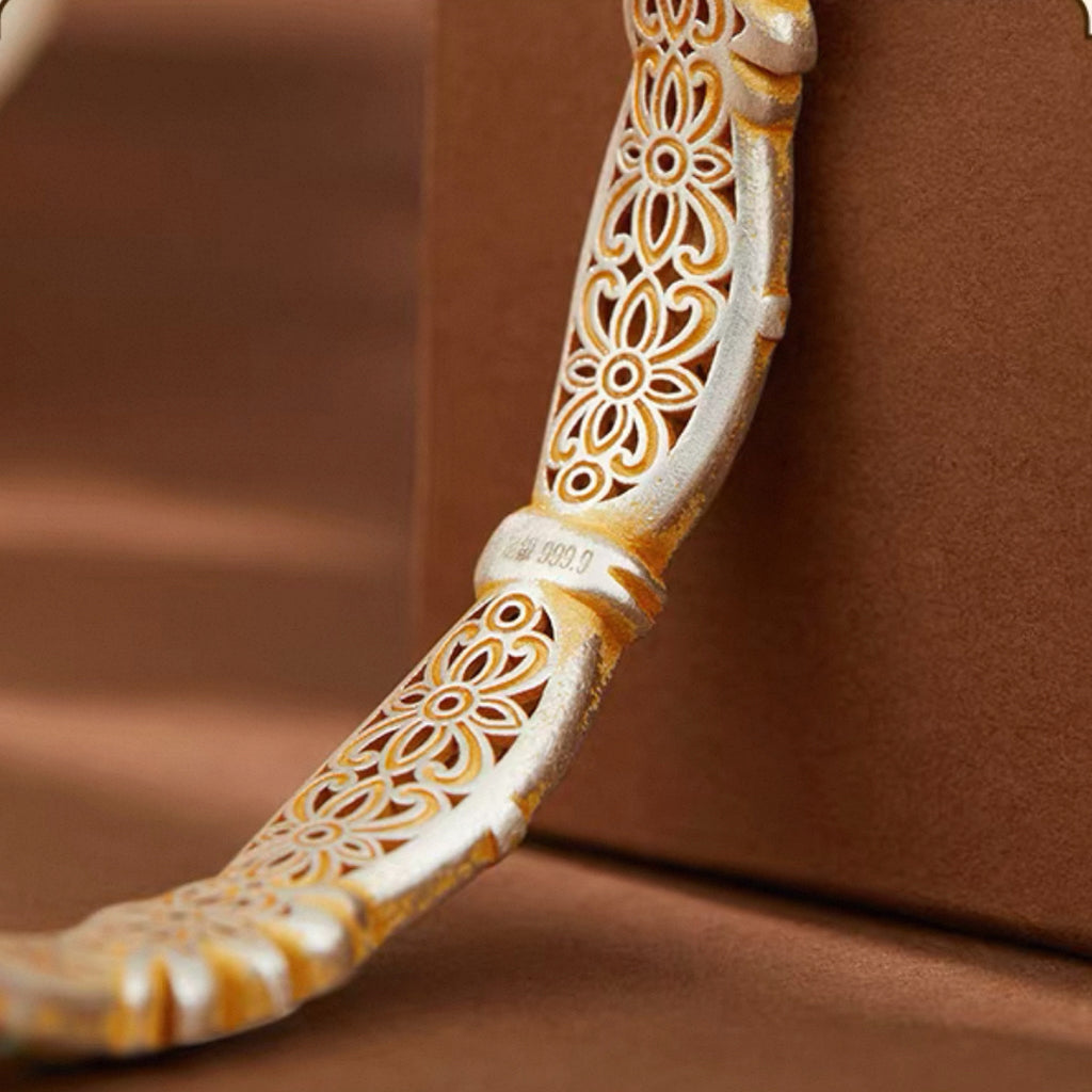 Silver Lotus Bangle – Premium S9999 Pure Silver Cuff Bracelet with Chinese Floral Motifs