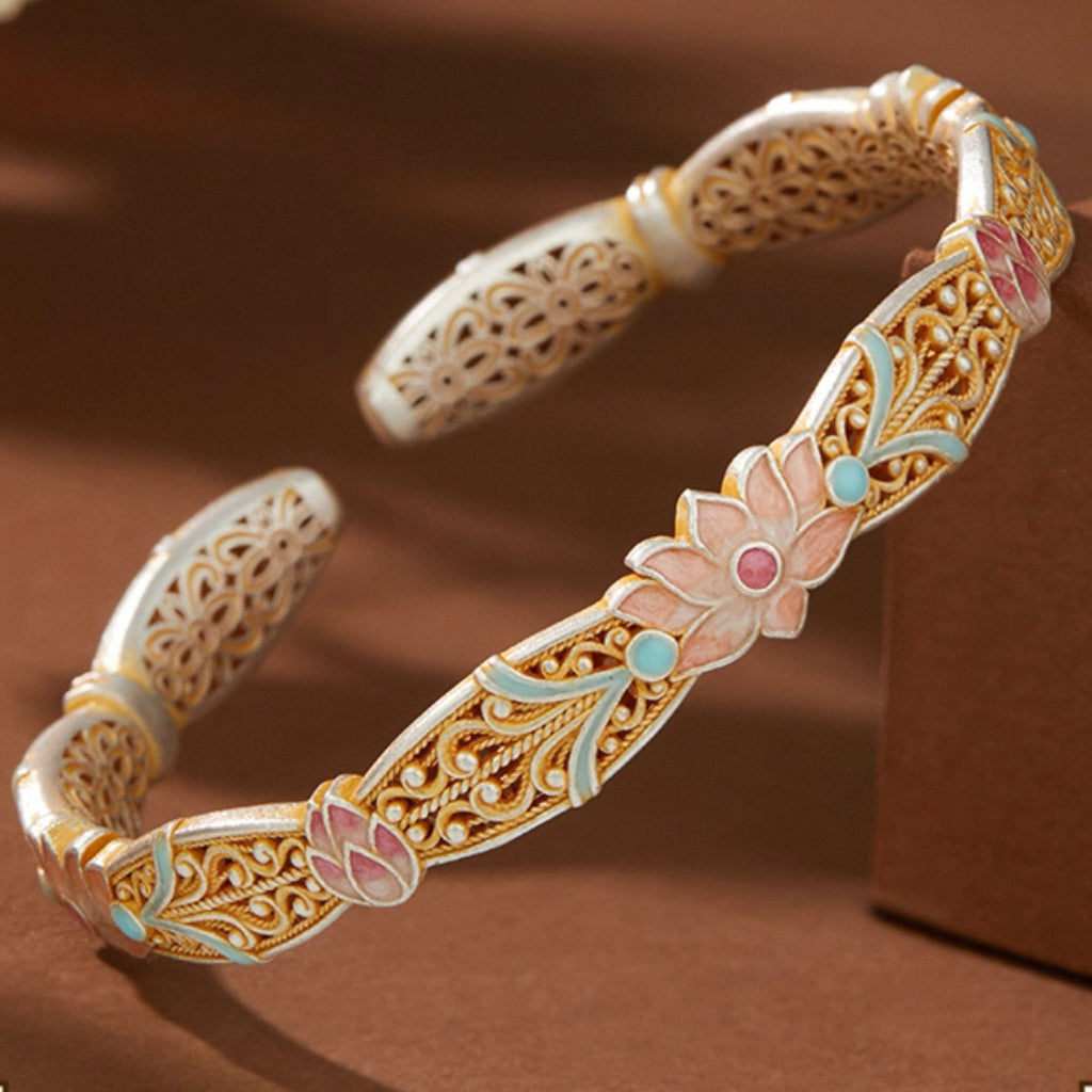 Silver Lotus Bangle – Premium S9999 Pure Silver Cuff Bracelet with Chinese Floral Motifs