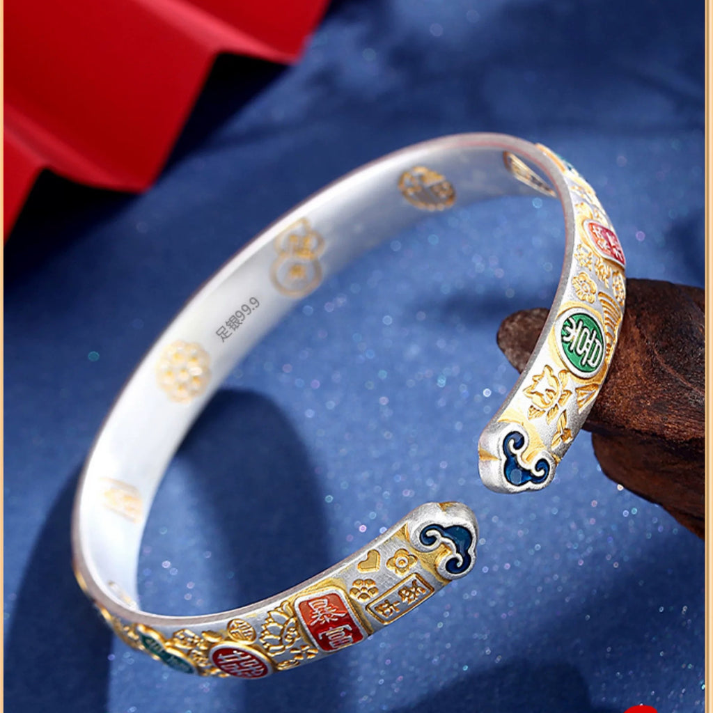 999 Solid Sterling Silver Lucky Cat Open Bangle