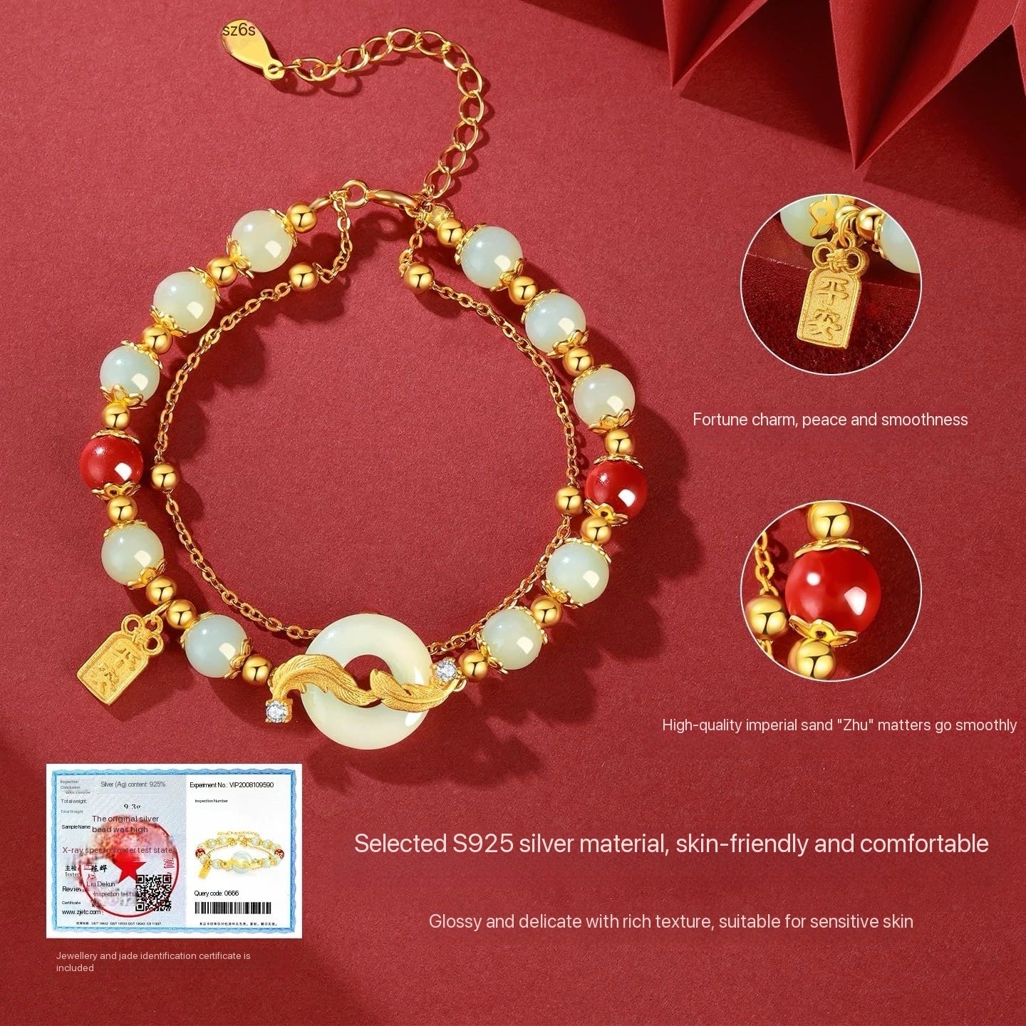 Yuni Xiangban Feather & Peace S925 Silver Hetian Jade Bracelet