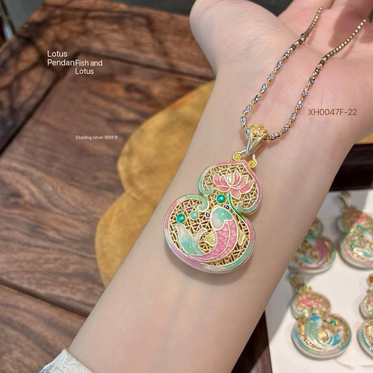 Genuine 925 Silver Gilt Enamel Fish-Gourd Pendant  without necklace