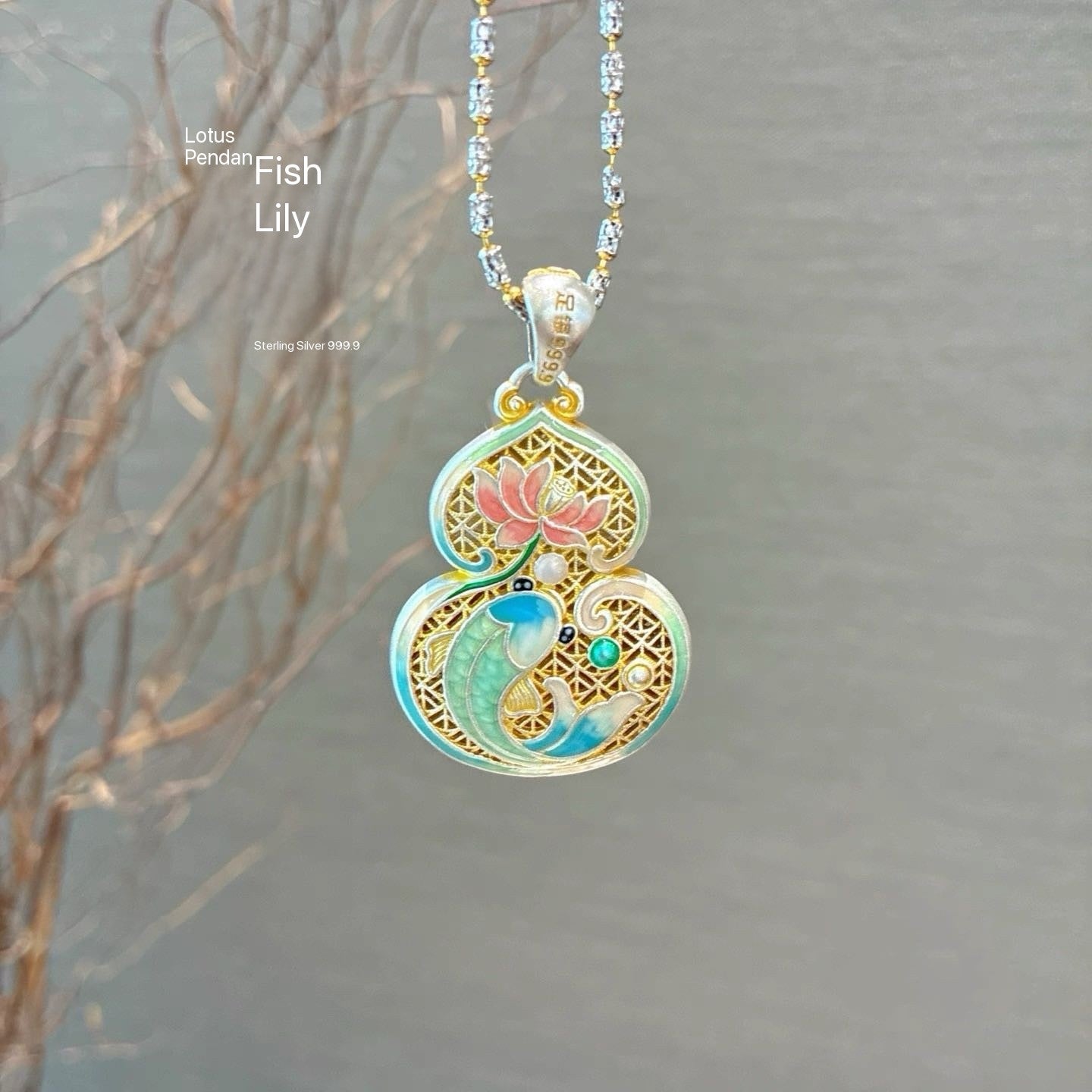 Genuine 925 Silver Gilt Enamel Fish-Gourd Pendant  without necklace