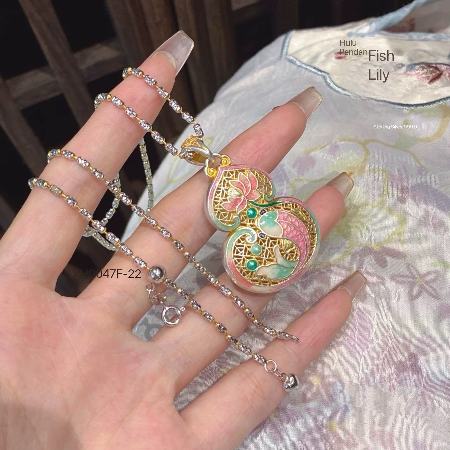 Genuine 925 Silver Gilt Enamel Fish-Gourd Pendant  without necklace