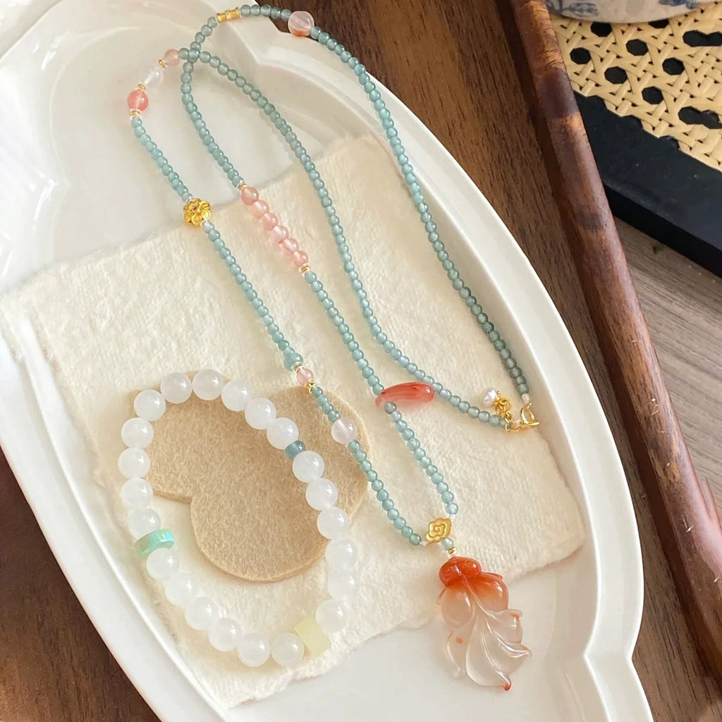Like a Fish in Water Red Agate & Green Fluorite Necklace