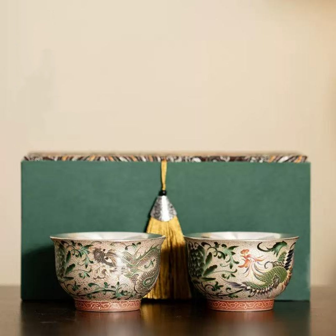 Dragon & Phoenix Silver-Inlaid Ceramic Tea Cup Set