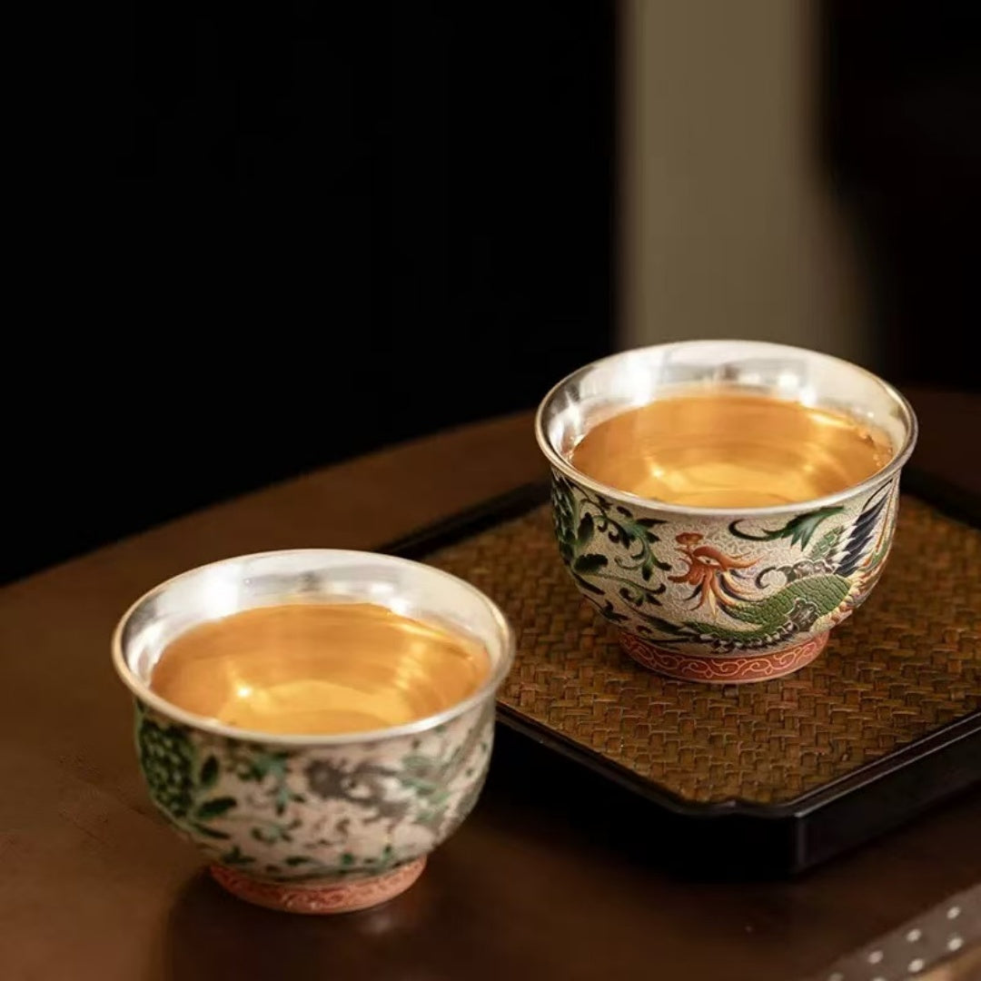 Dragon & Phoenix Silver-Inlaid Ceramic Tea Cup Set