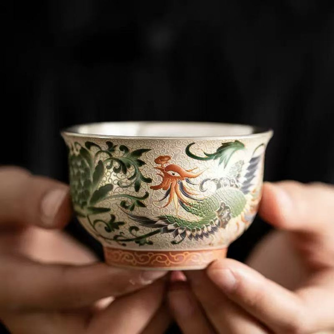 Dragon & Phoenix Silver-Inlaid Ceramic Tea Cup Set