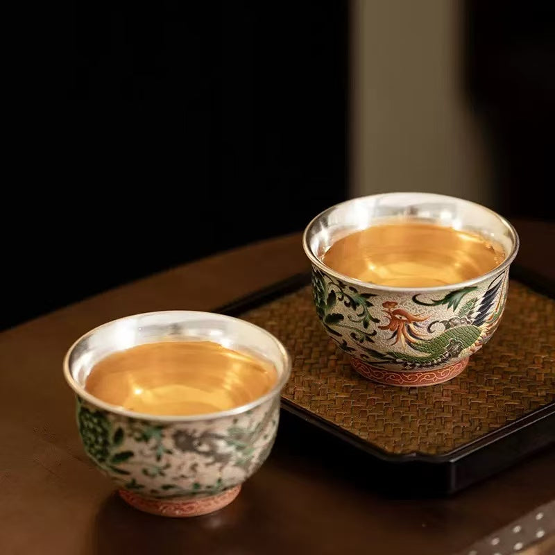 Dragon & Phoenix Silver-Inlaid Ceramic Tea Cup Set
