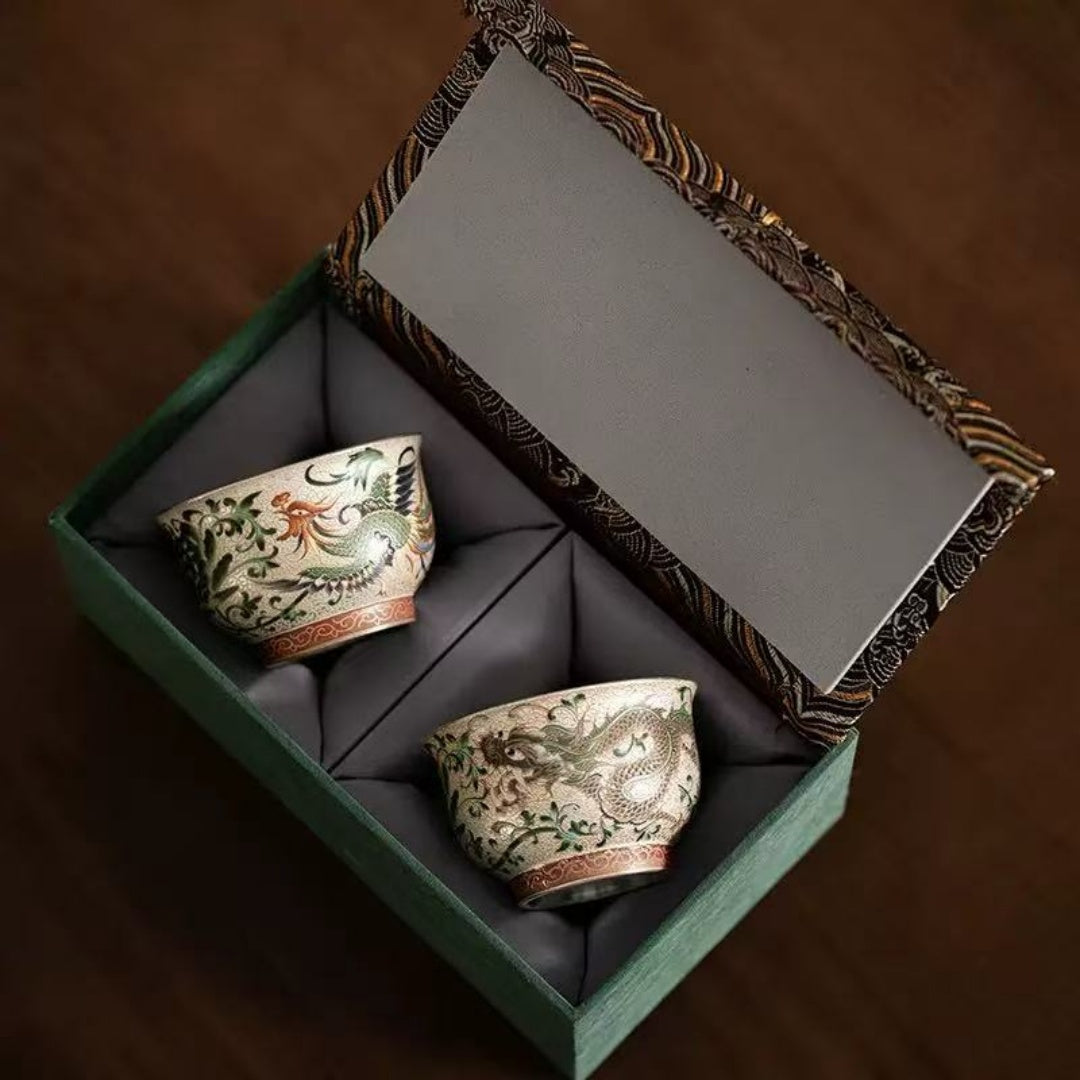 Dragon & Phoenix Silver-Inlaid Ceramic Tea Cup Set