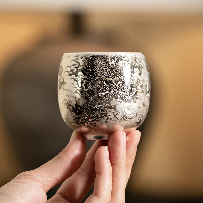 Dragon-Patterned Silver-Glazed Tea Cup