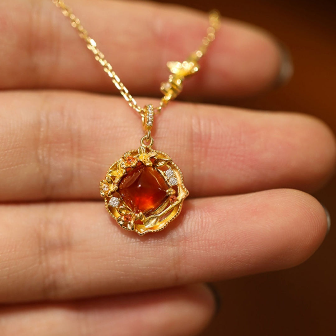 Osmanthus Pudding Garnet Sugar Loaf Cut Necklace - Vintage Sterling Silver Collarbone Chain for Women
