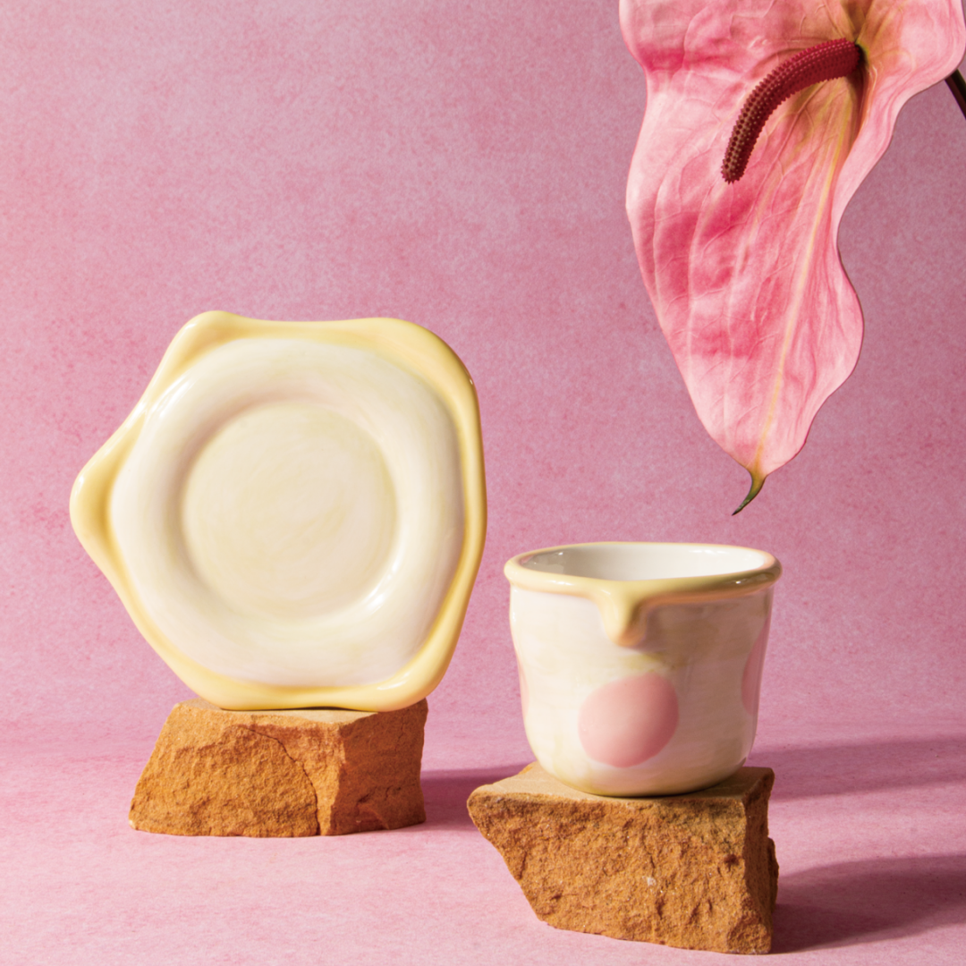 Hand-Painted Ceramic Mug - Cute Ins-Style Color Block & Polka Dot Design