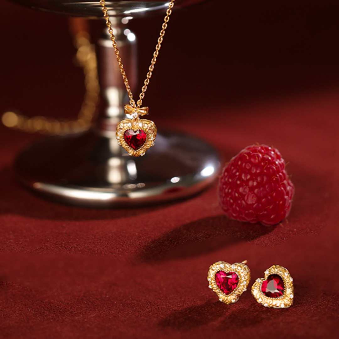 Cherry Box Retro Design High-end Cultured Ruby Heart-shaped Sterling Silver Earrings&Necklace