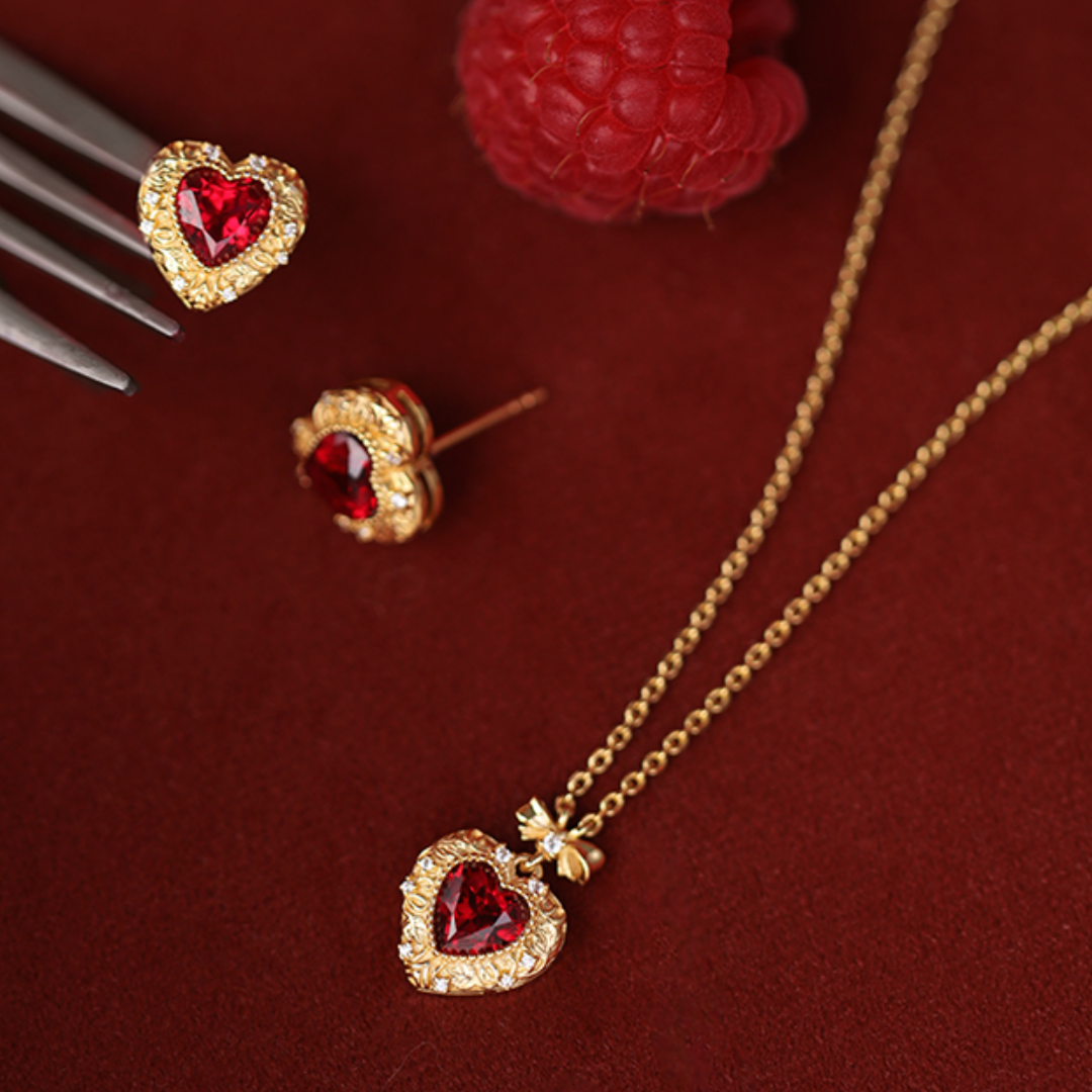 Cherry Box Retro Design High-end Cultured Ruby Heart-shaped Sterling Silver Earrings&Necklace