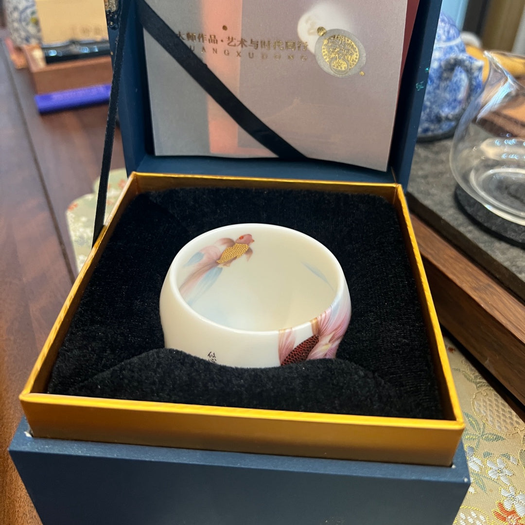 Gathering Blessings Tea Cup 200ml - Hand-painted Porcelain Tea Cup with Fish Design for Blessing