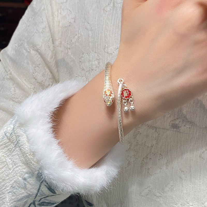 999 Pure Silver Gold-Plated Peach Blossom Snake Bangle - Lucky Year Bracelet for Women