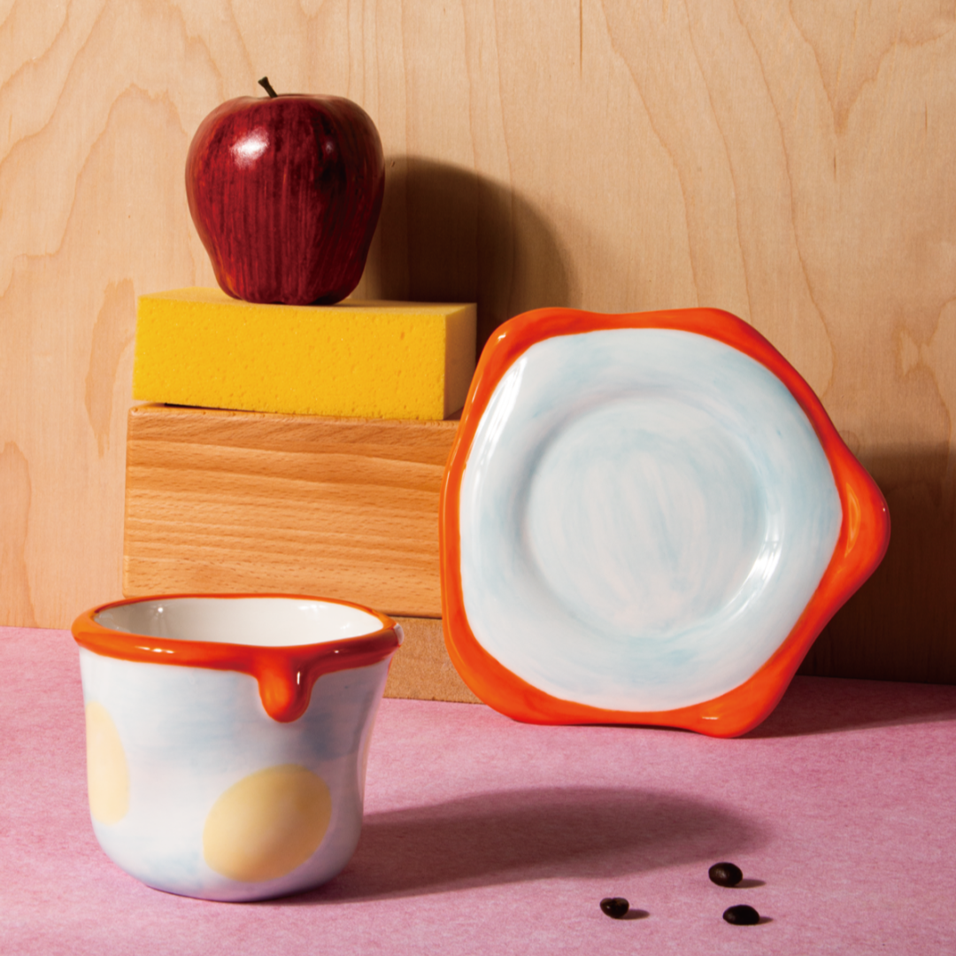 Hand-Painted Ceramic Mug - Cute Ins-Style Color Block & Polka Dot Design