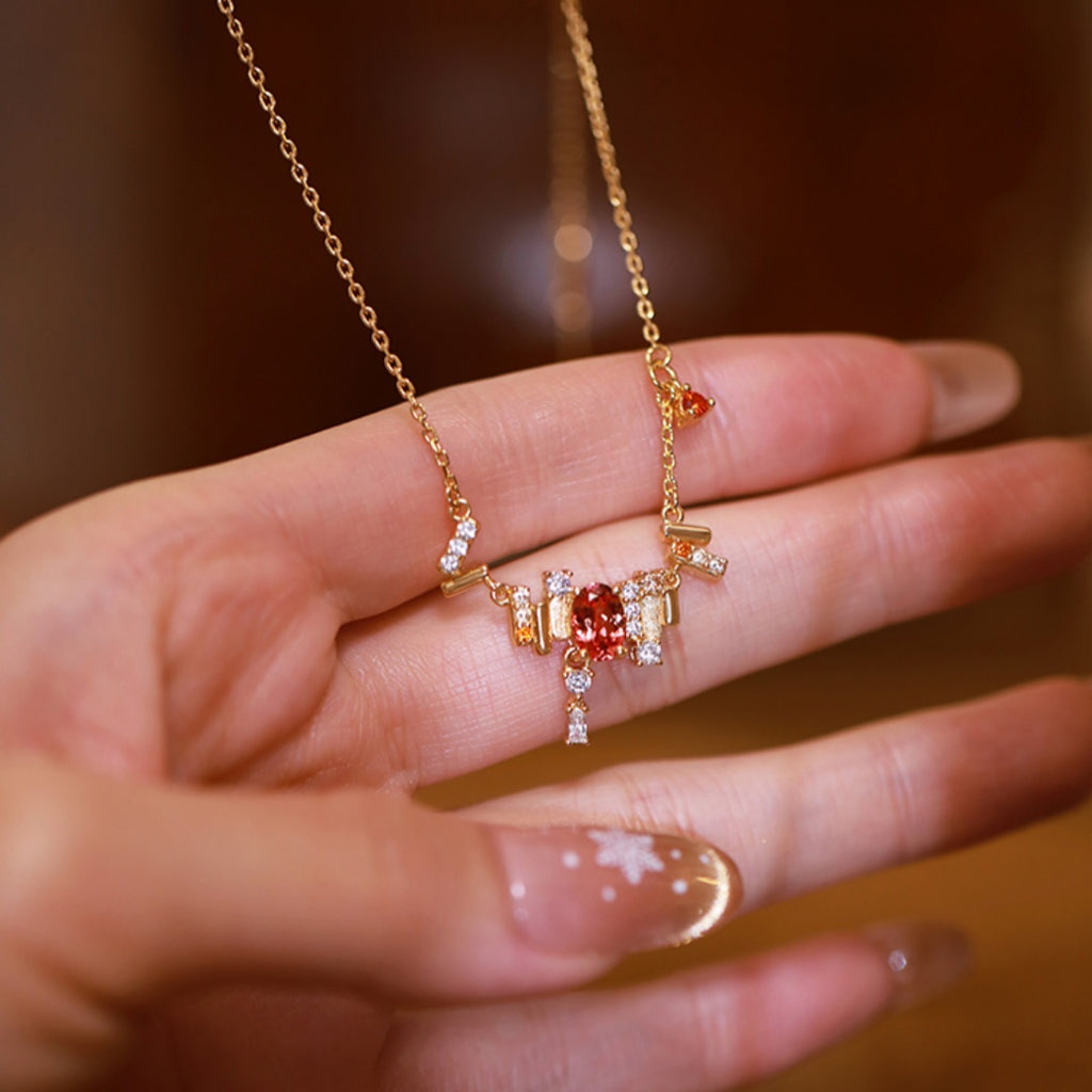 Floating Light and Golden Glow Cultured Sapphire in Padparadscha Color, Retro Sterling Silver Necklace and Ear Cuff Set