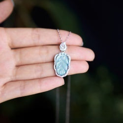 Natural Leaf Shaped Blue Aquamarine Pendant Necklace S925 Sterling Silver with Extendable Chain