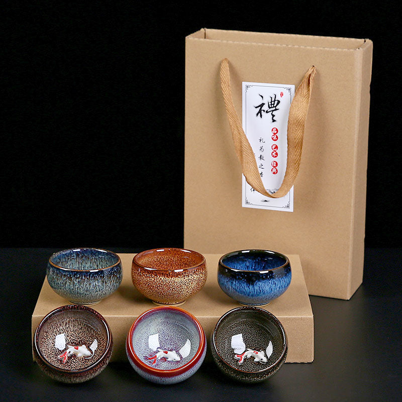 Set of 6 Glazed Jianzhan Tea Cups 74ml - Ceramic Tea Bowls with Gift Box