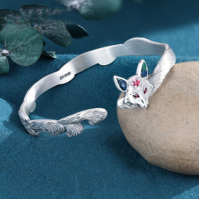 Silver Heart 999.9 Pure Silver Fox Bangle - Luxury Niche Jewelry Ideal Gift for Women