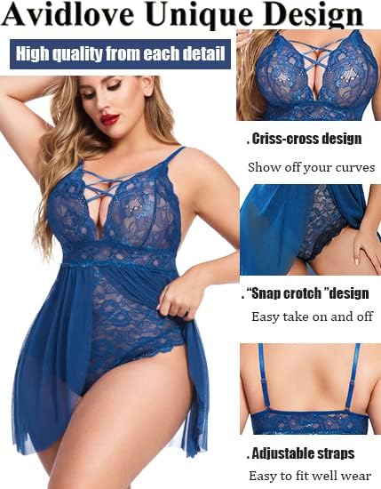 #220 Avidlove Plus Size Babydoll Womens Snap Crotch Lingerie V Neck Lace Nighty Sleepwear
