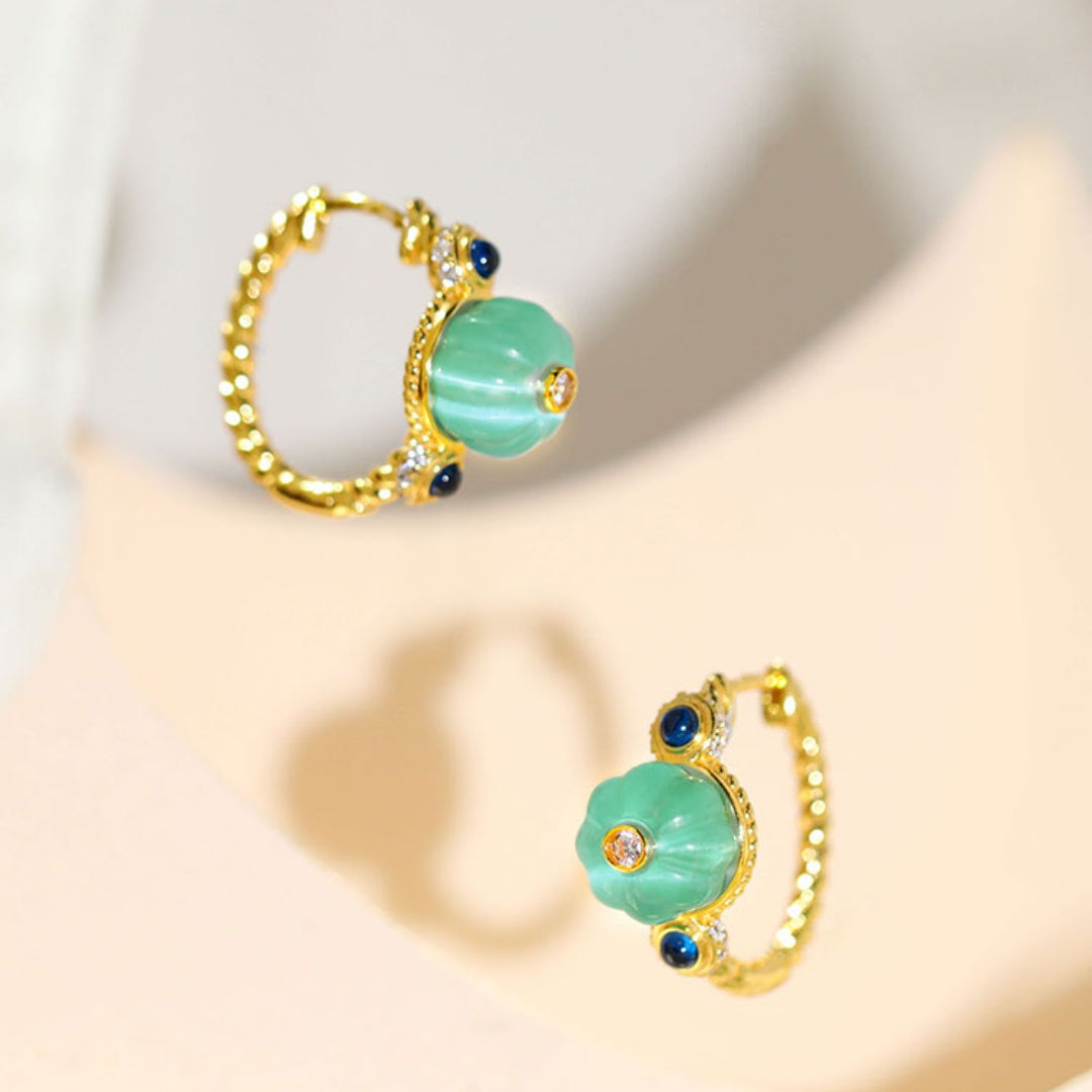 Mint Candy Retro Palace-Style Luxury Cat's Eye Stone Earrings Sterling Silver Ear Cuffs