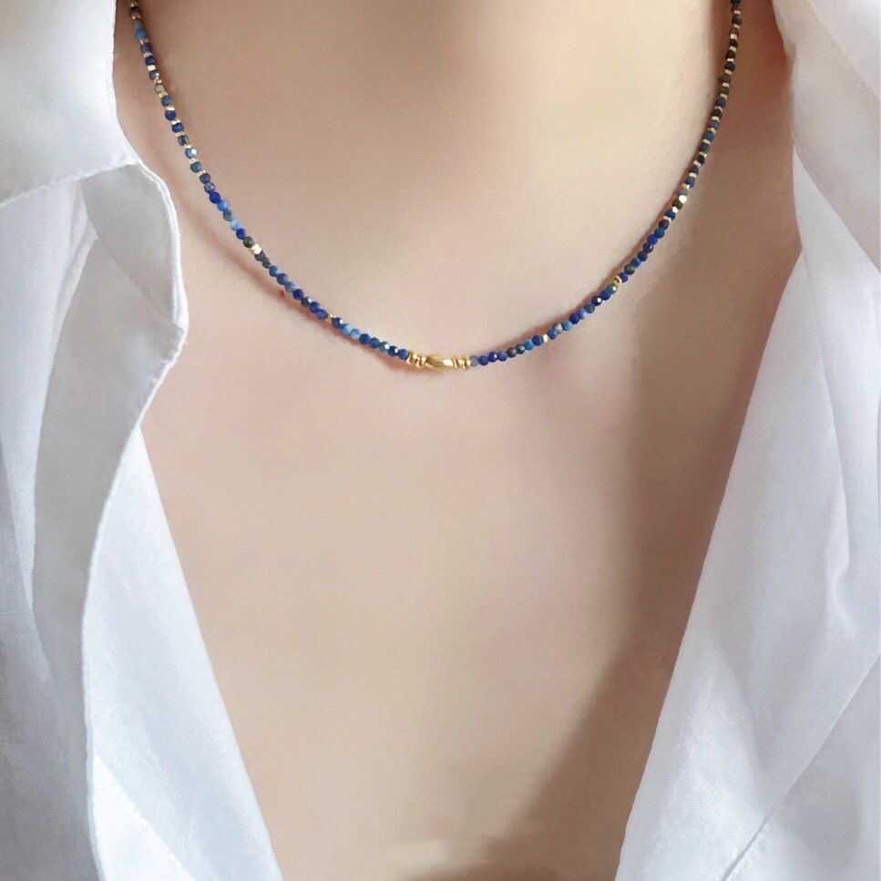 Natural Lapis Lazuli Collarbone Chain with 925 Silver and 18K Gold Plated Beads Necklace