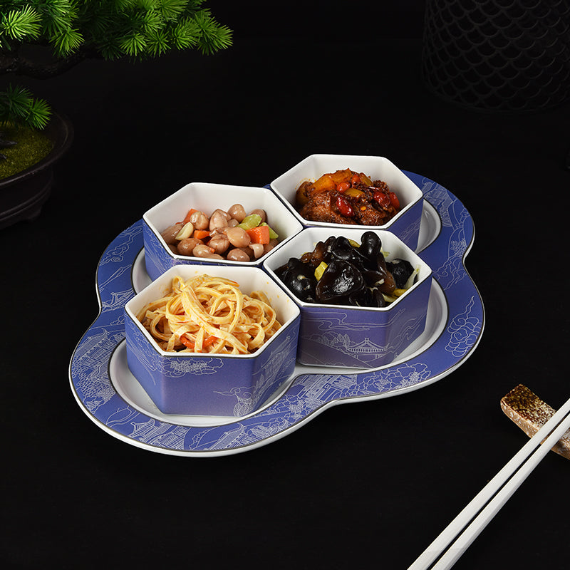 New Chinese Style Ceramic Hexagonal Snack Bowl Set