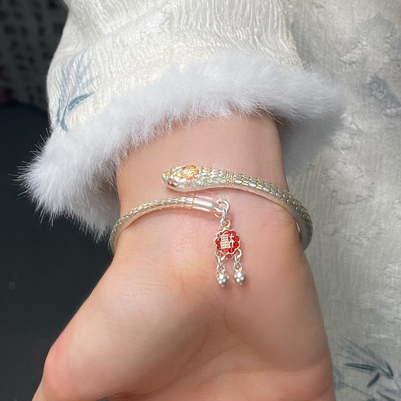 999 Pure Silver Gold-Plated Peach Blossom Snake Bangle - Lucky Year Bracelet for Women