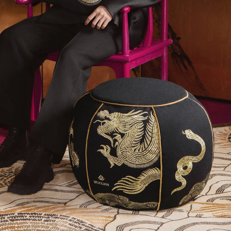 3D Exquisite Embroidered Dragon Ottoman Footstool