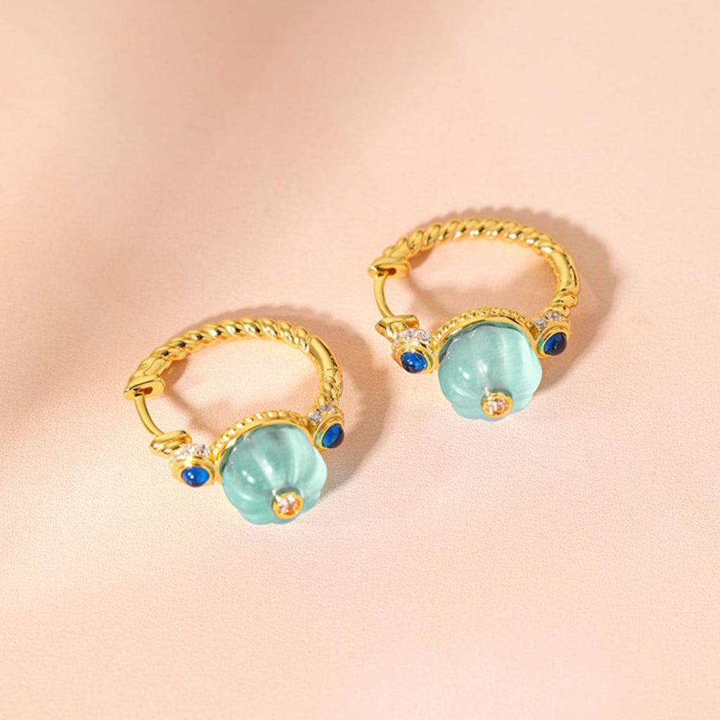 Mint Candy Retro Palace-Style Luxury Cat's Eye Stone Earrings Sterling Silver Ear Cuffs