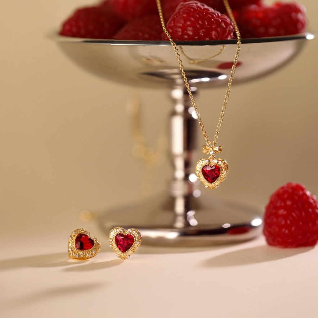 Cherry Box Retro Design High-end Cultured Ruby Heart-shaped Sterling Silver Earrings&Necklace