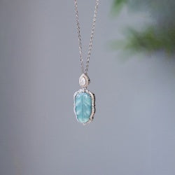 Natural Leaf Shaped Blue Aquamarine Pendant Necklace S925 Sterling Silver with Extendable Chain