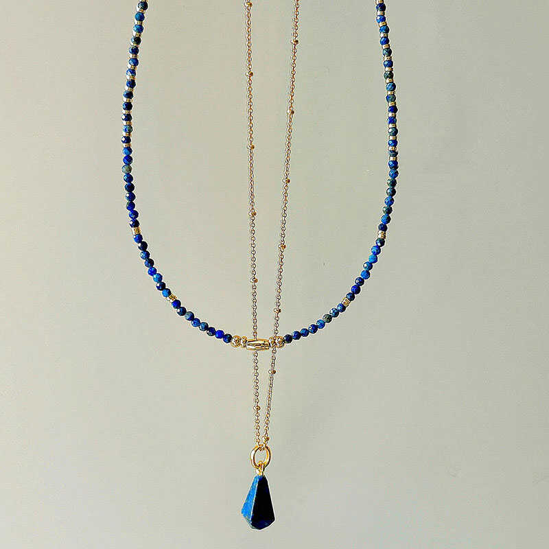 Natural Lapis Lazuli Collarbone Chain with 925 Silver and 18K Gold Plated Beads Necklace