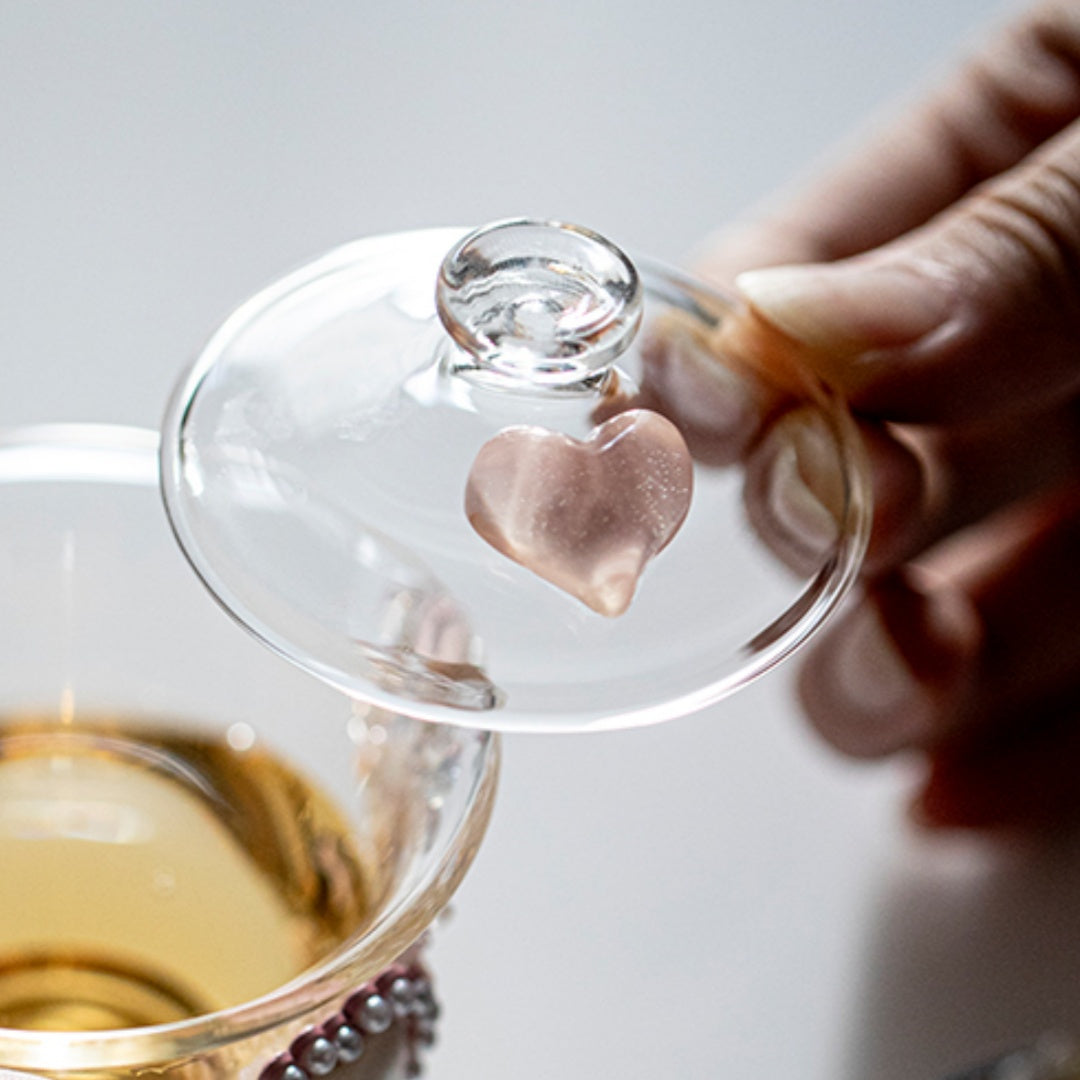 Crystal Heart Glass Gaiwan - Heat-Resistant Lidded Tea Bowl Set