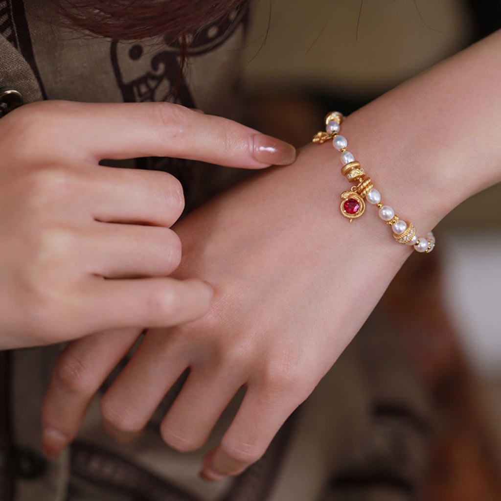 Fortune's Turn New Year Retro Design Natural Pearl & Red Garnet Sterling Silver Bracelet