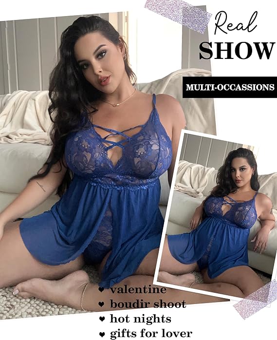 #220 Avidlove Plus Size Babydoll Womens Snap Crotch Lingerie V Neck Lace Nighty Sleepwear