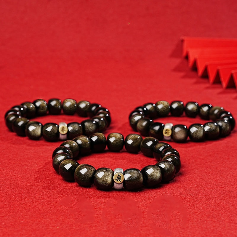 Men Black Obsidian Bracelet - High-End Golden Obsidian and Crystal Beaded Jewelry