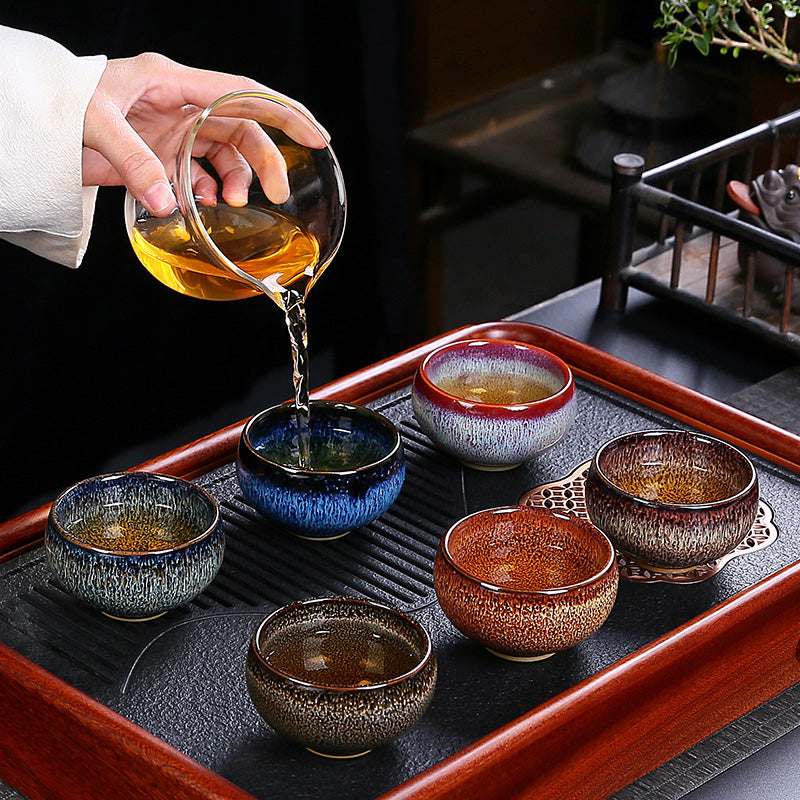 Set of 6 Glazed Jianzhan Tea Cups 74ml - Ceramic Tea Bowls with Gift Box