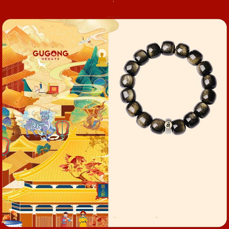 Men Black Obsidian Bracelet - High-End Golden Obsidian and Crystal Beaded Jewelry