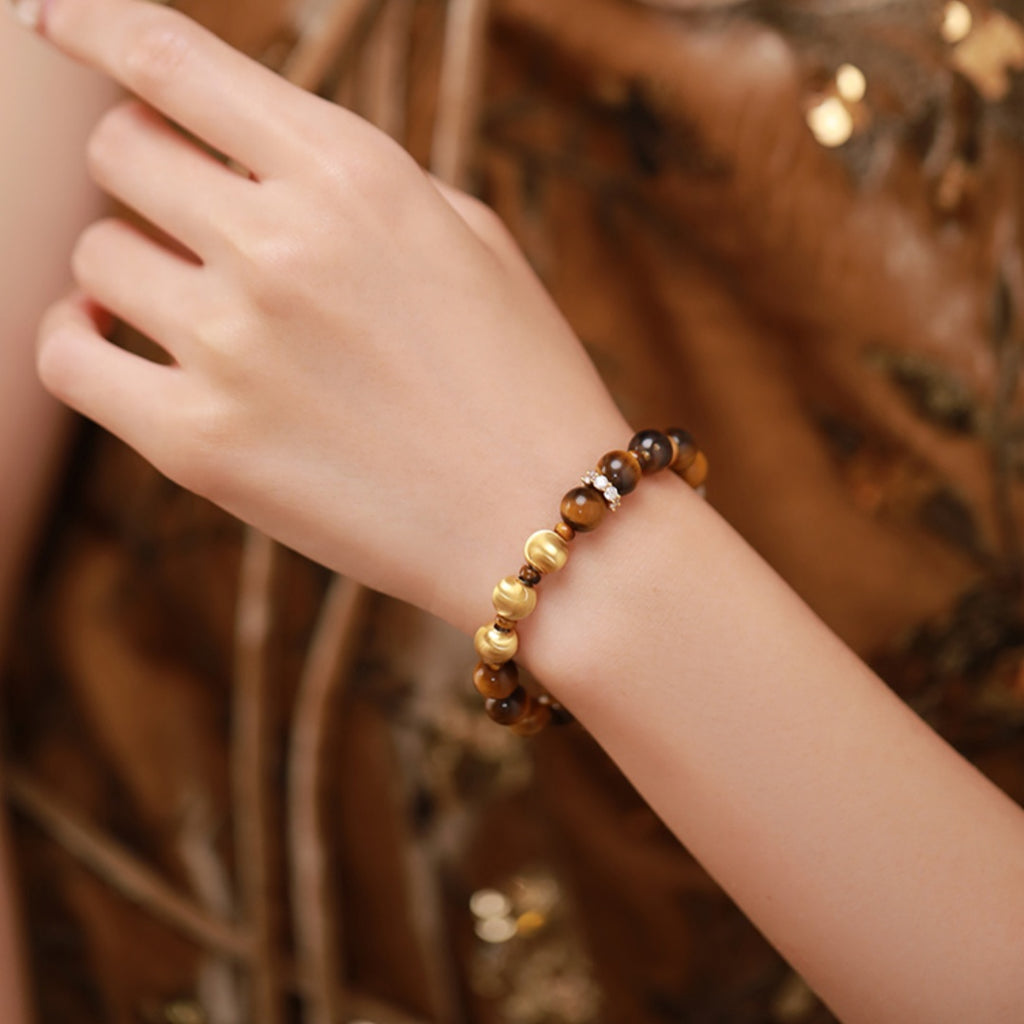 Squirrel & Hazelnut Original Design Retro Style Tiger's Eye Stone Bracelet - Sterling Silver Gold-Plated Hand Chain