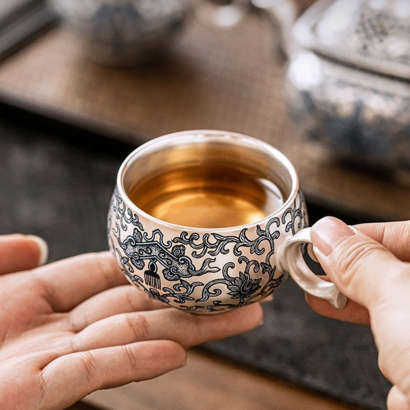 Exquisite and Luxurious 999 Pure Silver Gilded Traditional Chinese Tea Set