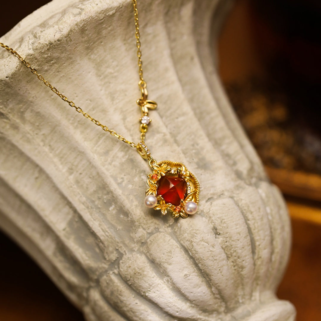 Osmanthus Pudding Garnet Sugar Loaf Cut Necklace - Vintage Sterling Silver Collarbone Chain for Women