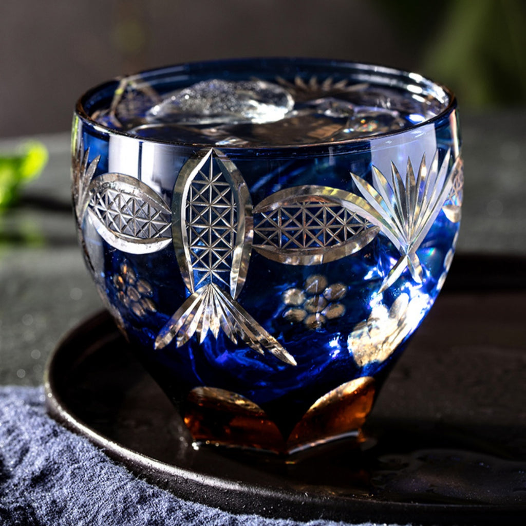 Harmony and Prosperity  Handmade Glass Cup - Embossed Design Retro Style