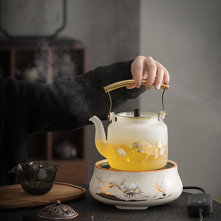 White Gingko Glass Teapot with Stove
