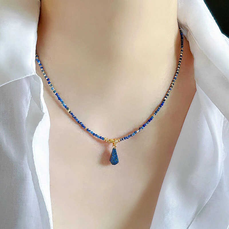 Natural Lapis Lazuli Collarbone Chain with 925 Silver and 18K Gold Plated Beads Necklace