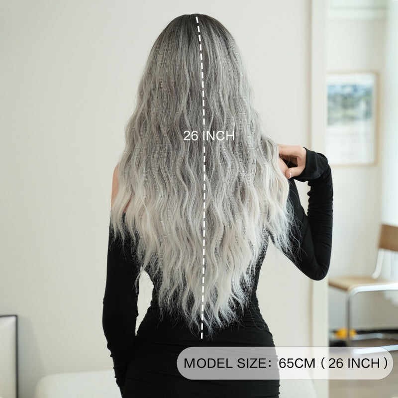 Dual Tone Elegance Black Gray and Light Pink Long Wigs