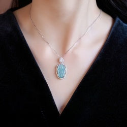 Natural Leaf Shaped Blue Aquamarine Pendant Necklace S925 Sterling Silver with Extendable Chain