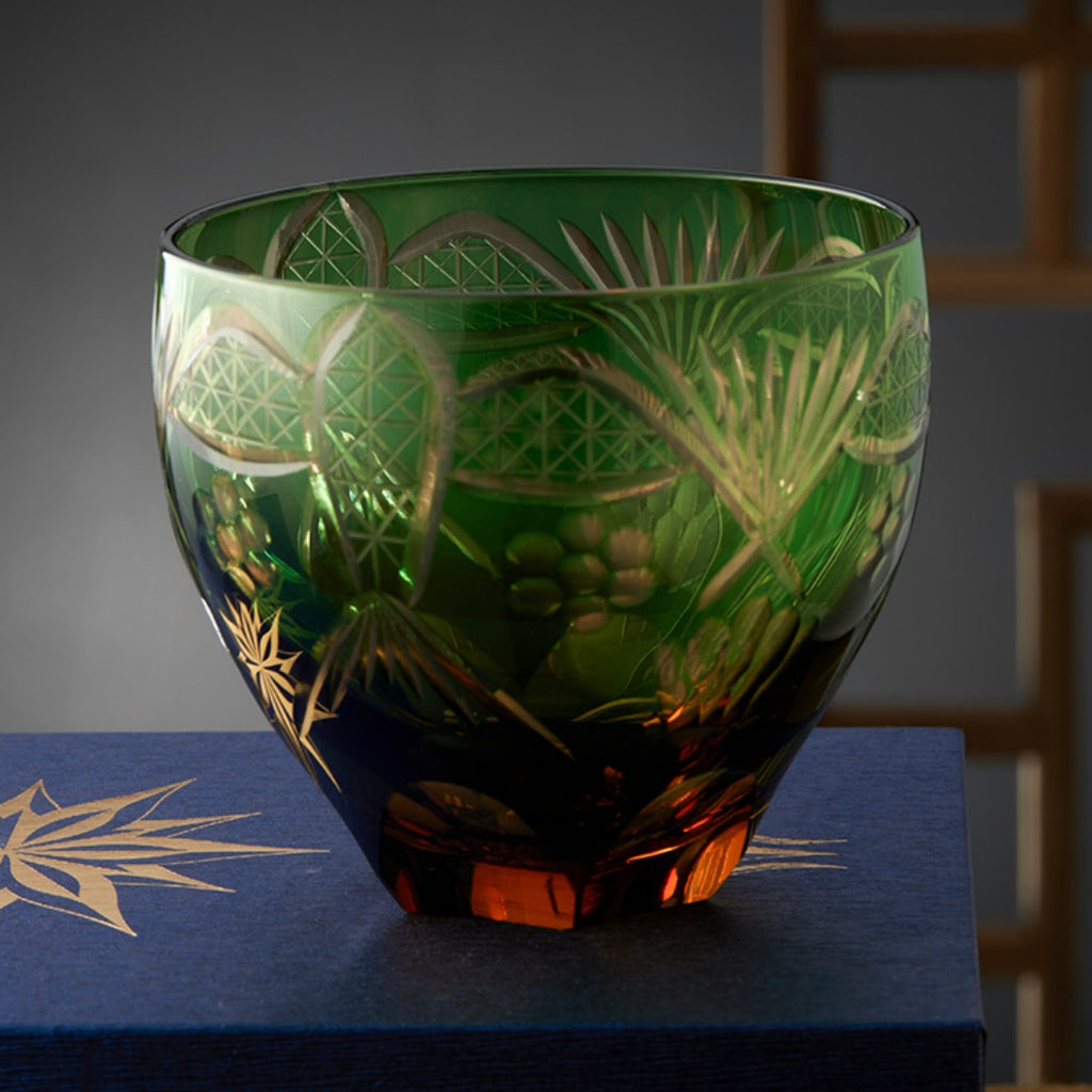 Harmony and Prosperity  Handmade Glass Cup - Embossed Design Retro Style